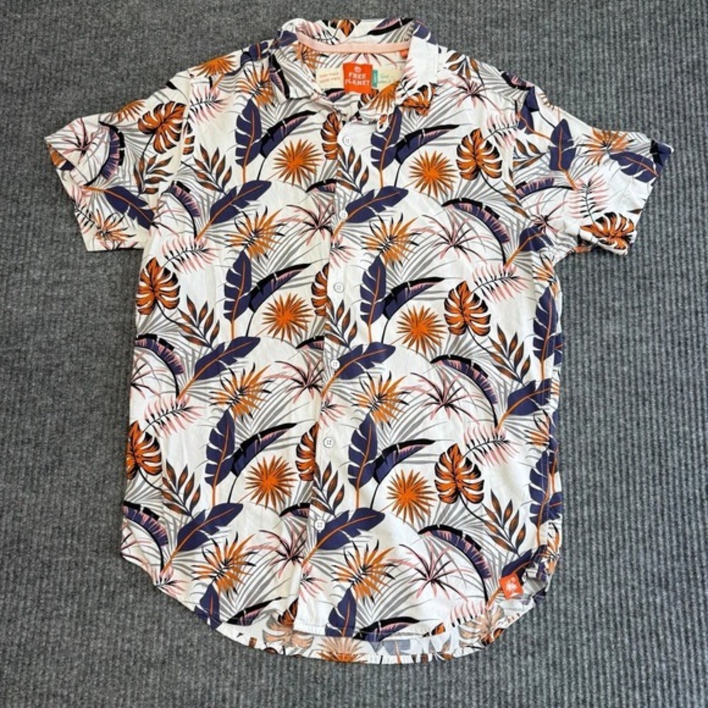 Free Planet Mens Tropical Floral Button Down Shirt White Orange Blue Small S